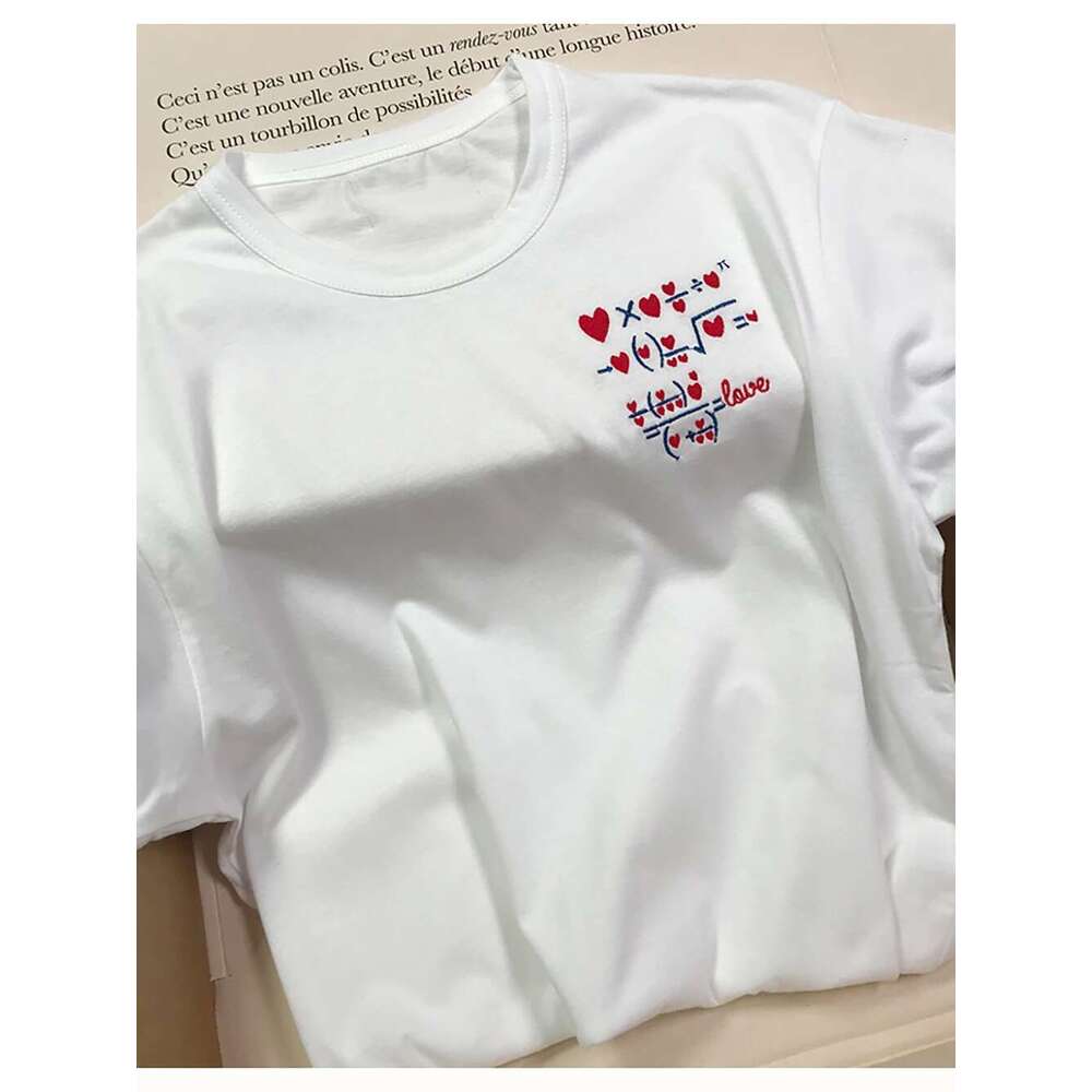 Love Letter Formula Embroidery Women T-Shirt Summer O-Neck Loose Lady Pullover Classic Casual Vintage Femme Top