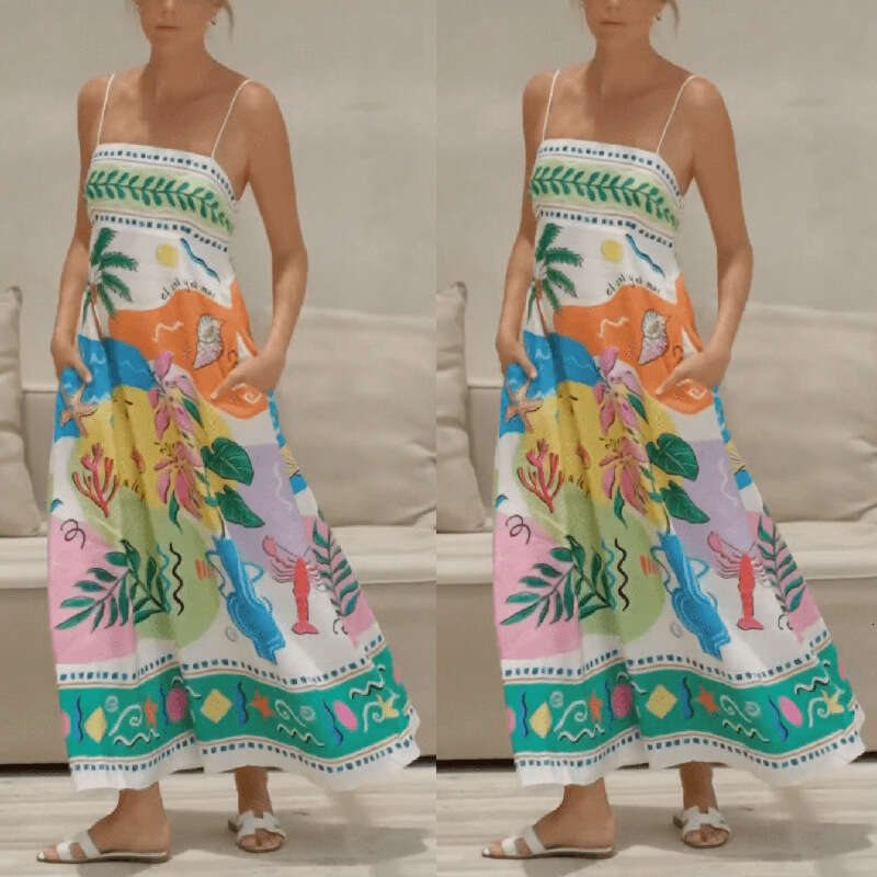 European and American Summer Women's Sexy Positioning Printed Strap Sleeveless Swing Dress 2025 New Casual Fashion Trendy Clothing