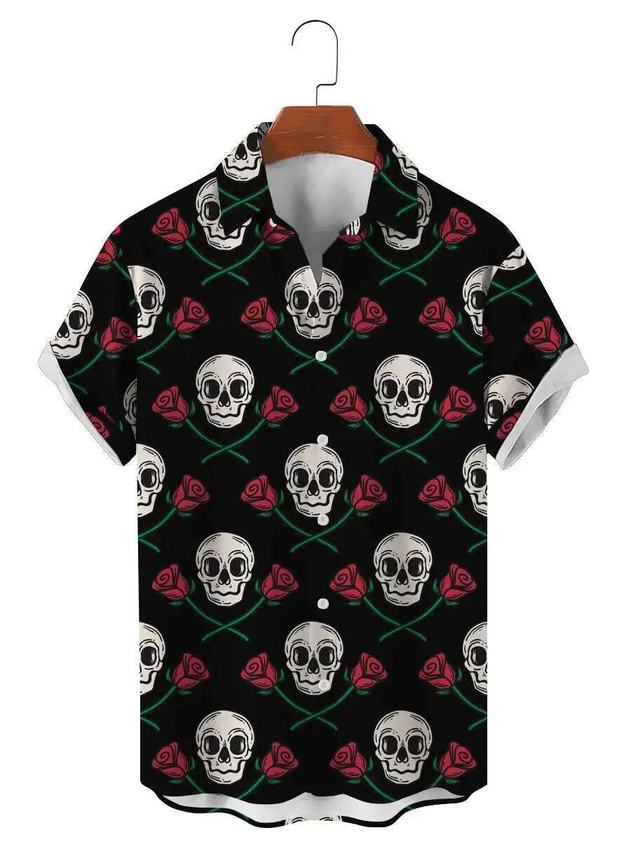 Men's Fun Skeleton 3D Personalized Printed Street Wear Designer Short Sleeve T-shirt Hawaiian Shirt Printed Collar Breathable Shirt Men's Be
