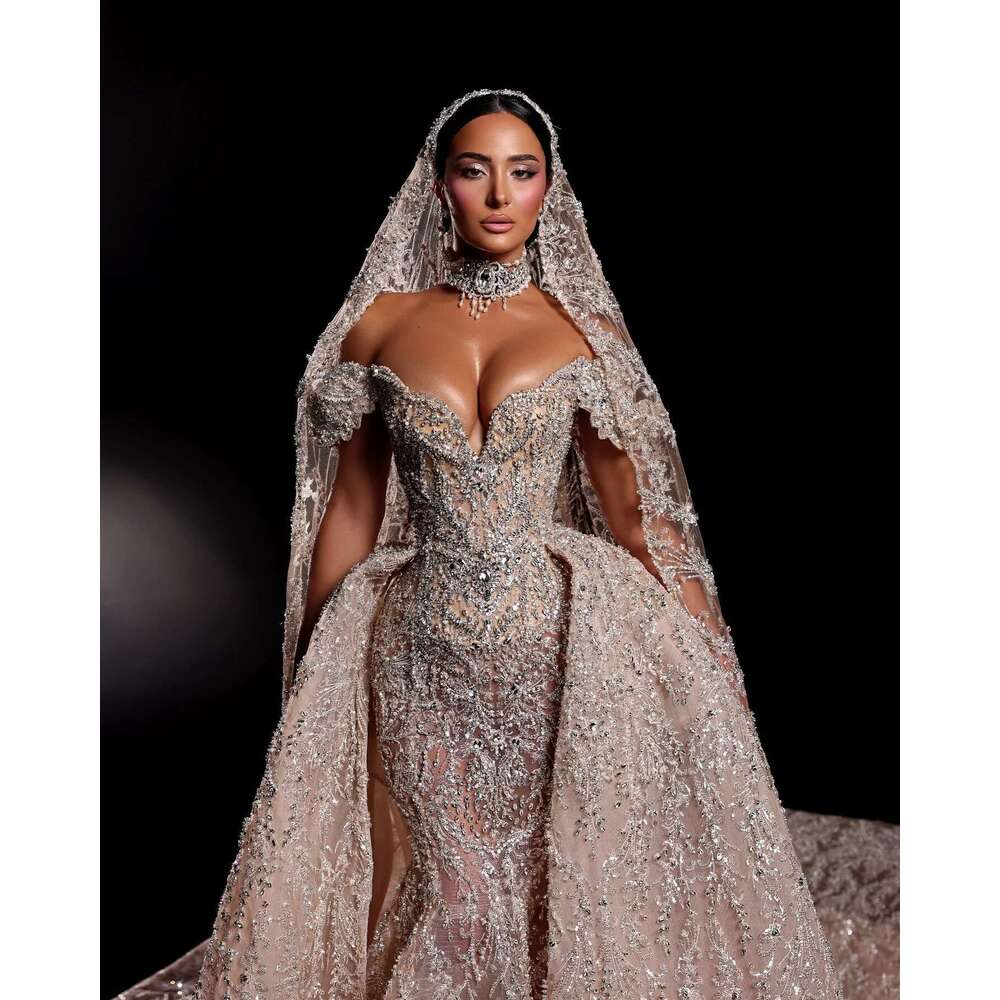 Mermaid Sexy Sweetheart Off-Shoulder Wedding Dresses Appliques Lace Train Detachable Bridal Dress Made to Order