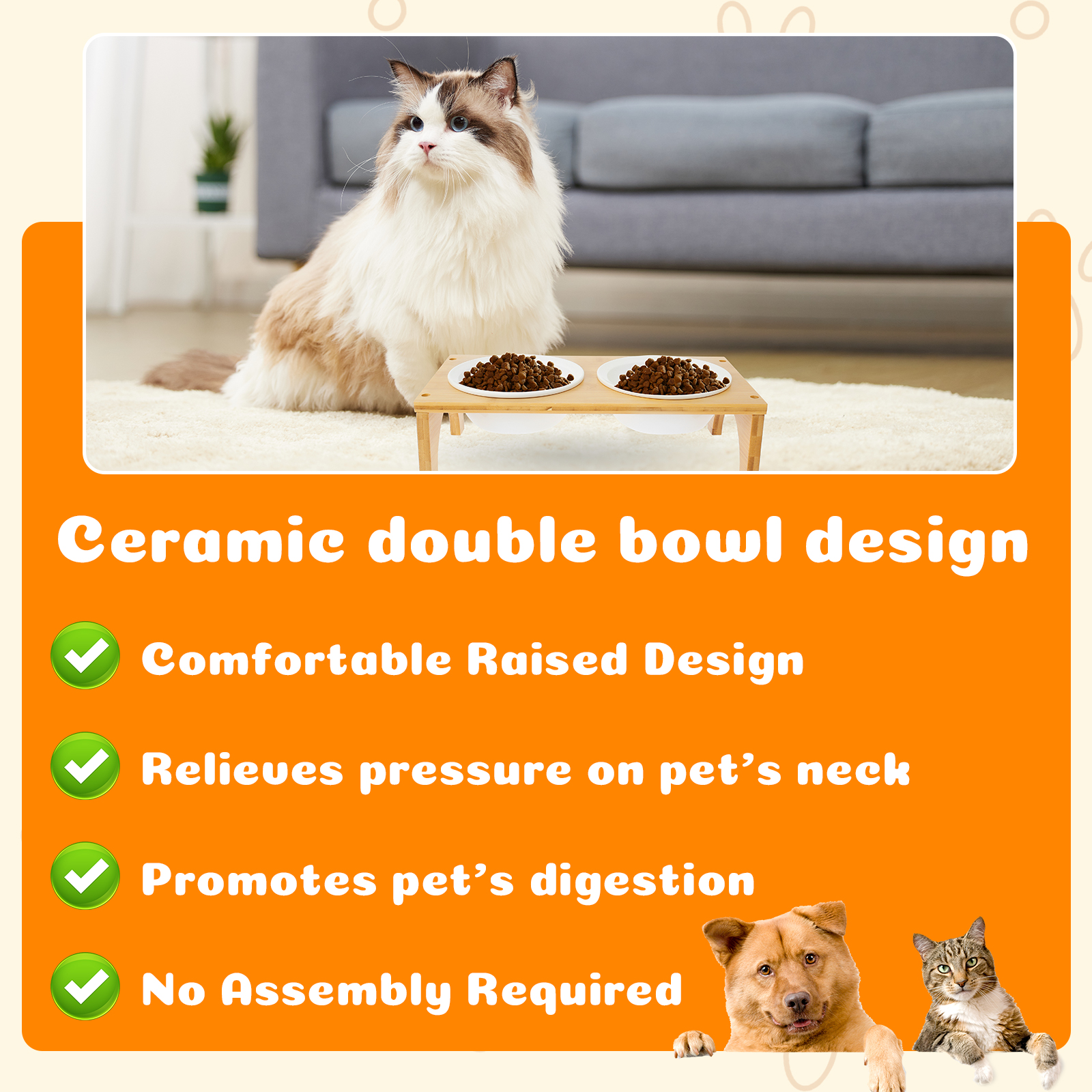 Pet Feeder Double Bowl Ceramic Dog and Cat Bowl with Bamboo Stand Elevated Neck Guard Dog Food and Water Bowl Pet Accessories