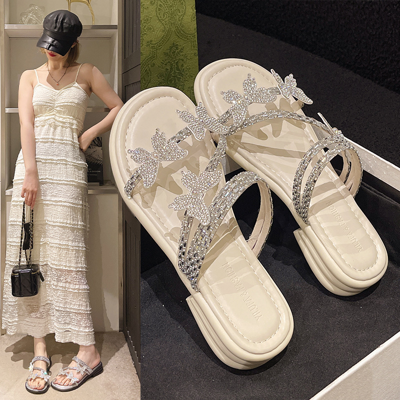2025 new women's summer outdoor flat shoes designer, internet celebrity butterfly rhinestone with skirt, two pairs of sandals, trendy sandals, fa