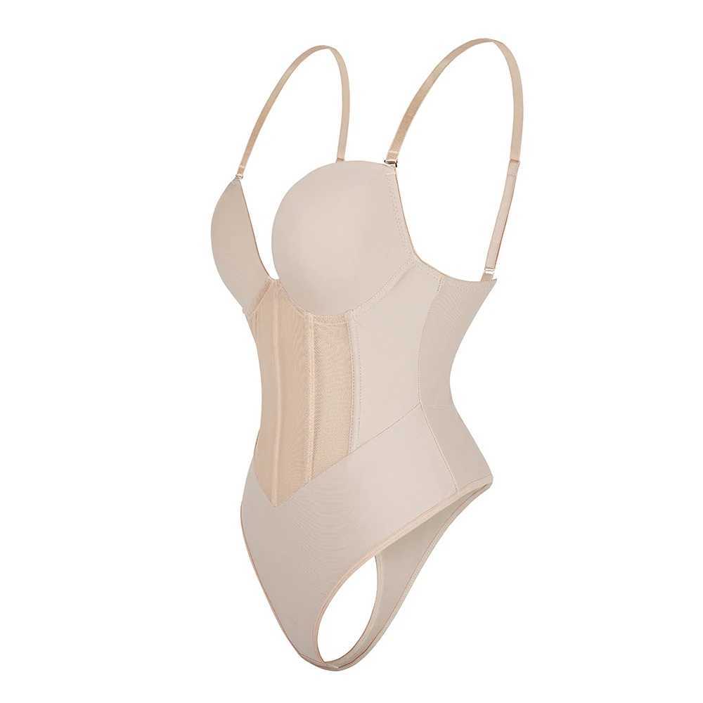 Womens Body Shaper Compression Bodysuit One Piece Backless Shapewear With Bra Corset Slimming Underwear Black BeigeXJ250304