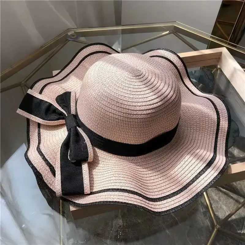 Big Brim Wave Black Edge Bow Solid Bucket Hat Str C Womens Beach Hat Seaside Sunshine C Cover Travel Holiday Sun HatXJ250304