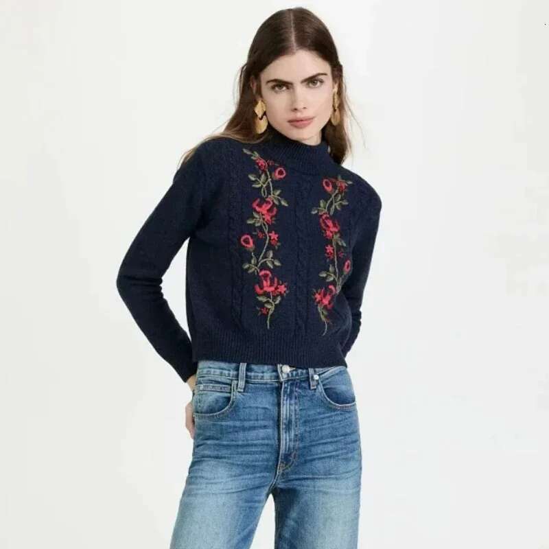 Women New Autumn And Winter Embroidered Half Turtleneck Solid Color Long-Sleeved Crew Neck Sweater