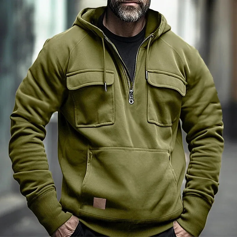 Half Zipper Mens Tactical Hoodies Solid Warm Fleece Military Sweatshirts Multi Pockets Male Hooded Jackets Thick Outdoor Polar 250304