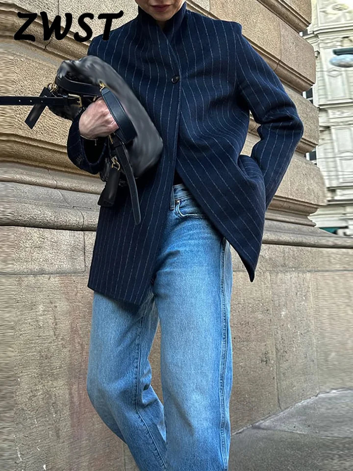 Stripe Womens Blazer Coat Fashion Stand Up Collar Long Sleeve Female Coats 2025 Spring Fashion Loose Pocket Lady Outwear 250303
