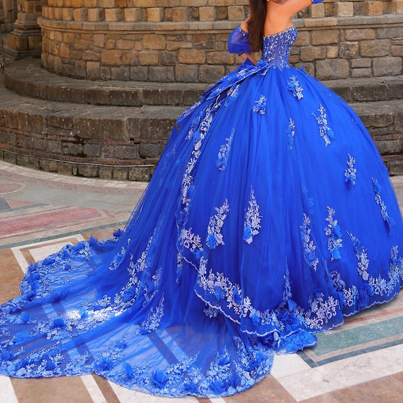 Royal Blue Shiny Quinceanera Dresses Ball Gown Off The Shoulder Applique Lace Beading Crystal Tull Party Birthday Sweet 16 Vestidos 15 De anos