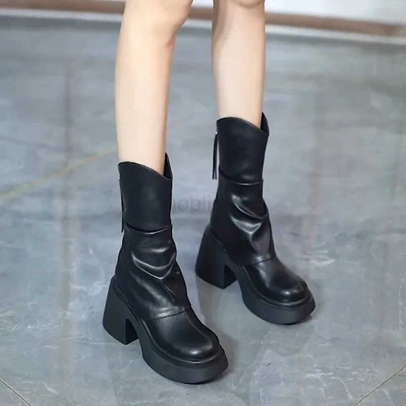 Leather Short Boots for Wen Autumn Winter New Wen Shoes Round Toe Chunky Heel Boots Zipper Ankle Boots Fem Platform Shoes Z250304