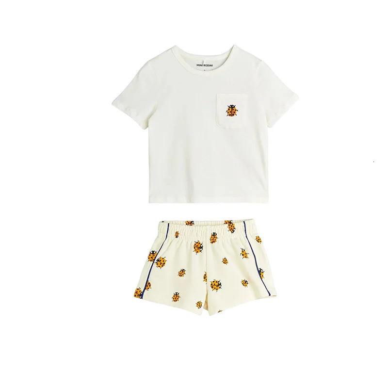 Childrens Set Fashion Cartoon Ladybug Printed Girl Dress Casual Cotton Boy T-shirt Shorts Set Childrens Sweatshirt 250304