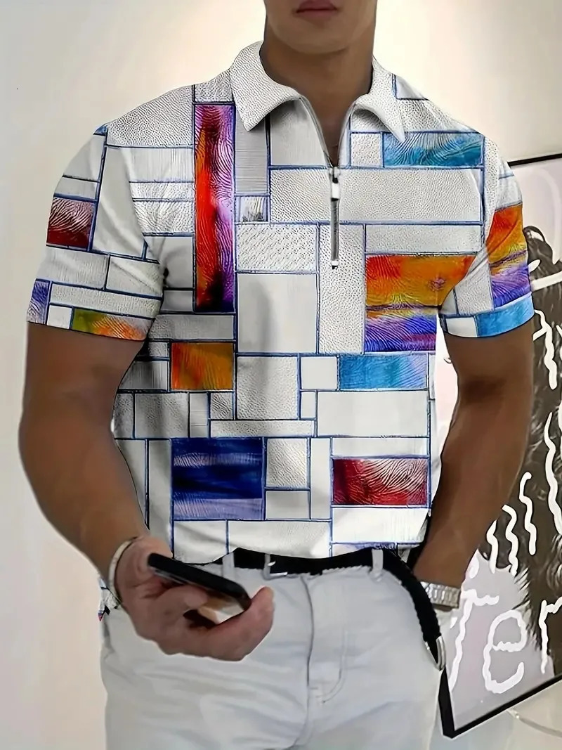 Summer Mens Fashion Polo ShirtLapel Zip Short SleevePlaid PrintMens Sports Casual Short SleeveMens Short Sleeve Tops 250304