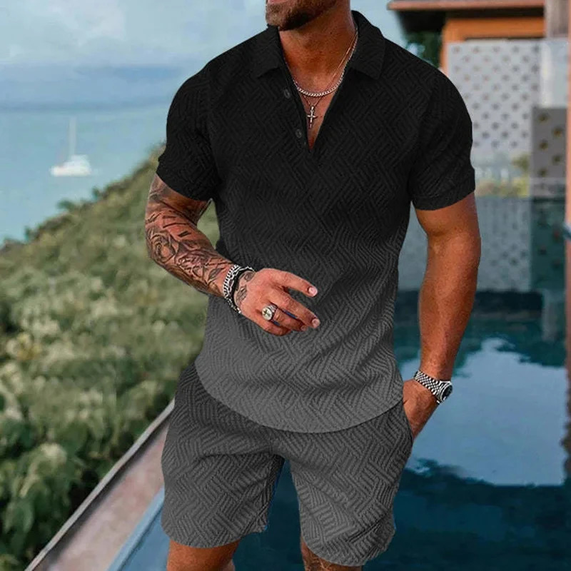 Solid Color Gradient 3D Print Men Polo shirts Set Zipper Lapel Polo Sets Zipper CollarShorts 2pcs Hawaii Holiday Man Clothing 250304