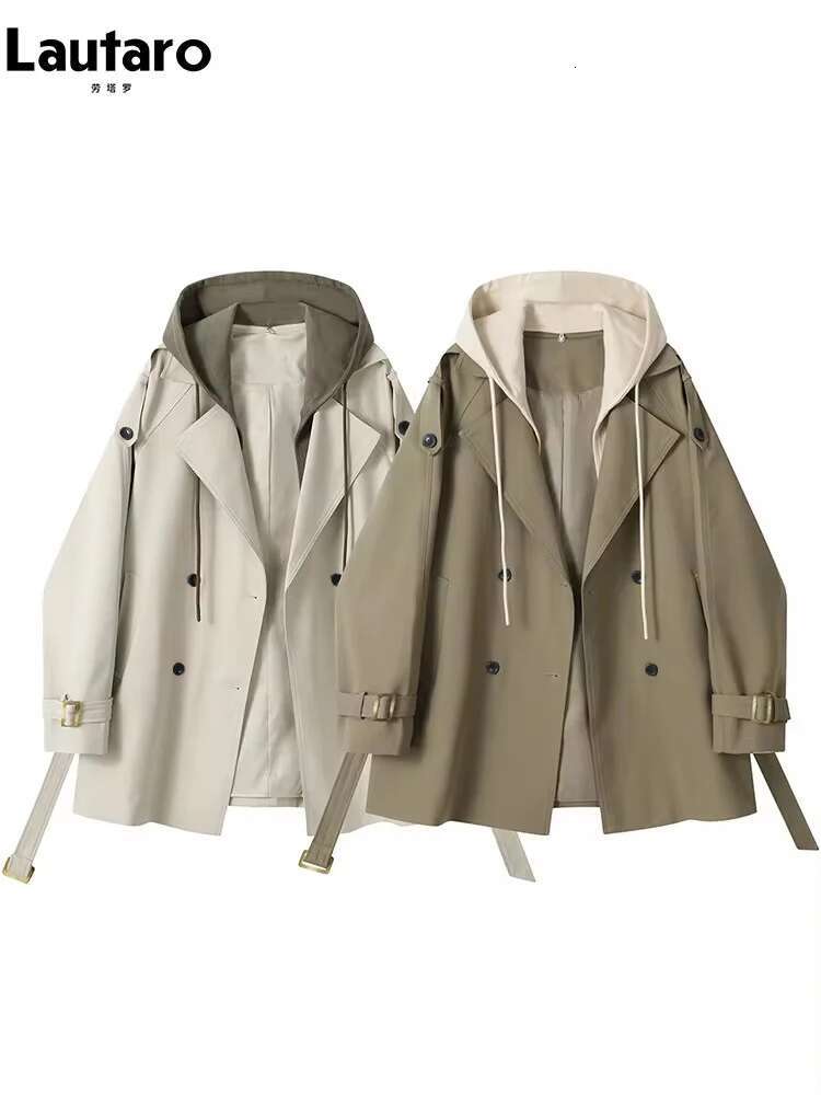 Lautaro Spring Autumn Wy Casual Trench Coat For Women Belt Double Breasted Loose Designer Fake 2 Pieces Clothes 2024