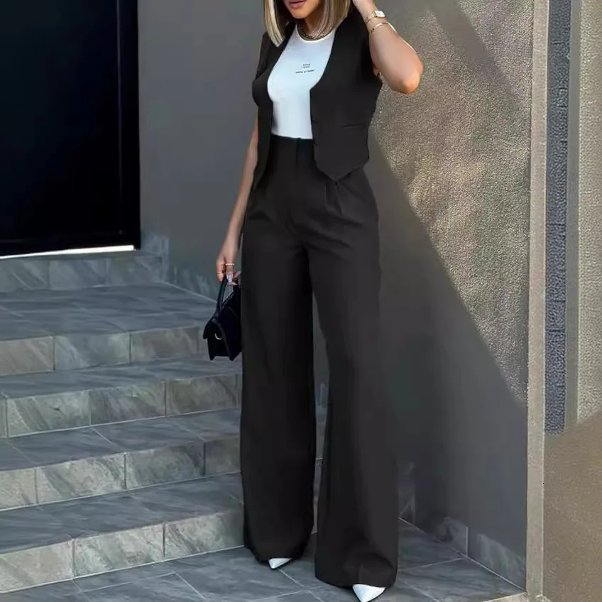s crossborder foreign trade supply to Europe and America fashionable vest wide leg suit pants commuting set 250225