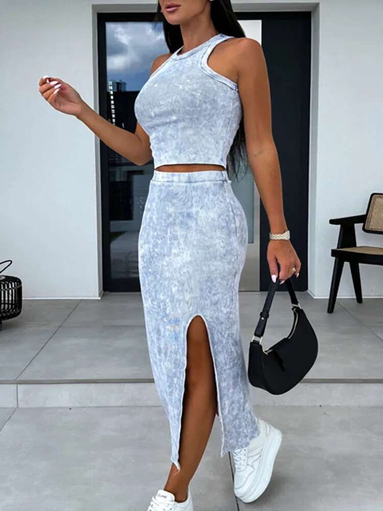 Deioao Female O Neck Top Slim Skirts Two Piece Set Summer Women Streetwear Matching Suit Party Club Lady Skirt Outfits New
