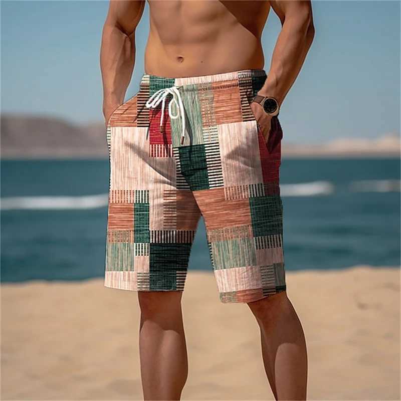 2024 Summer Hawaiian Beach Shorts Holiday Casual Colorful Plaid Print Sportswear Quick Drying Trunks Ice Shorts Hawaii SwimsuitT250304