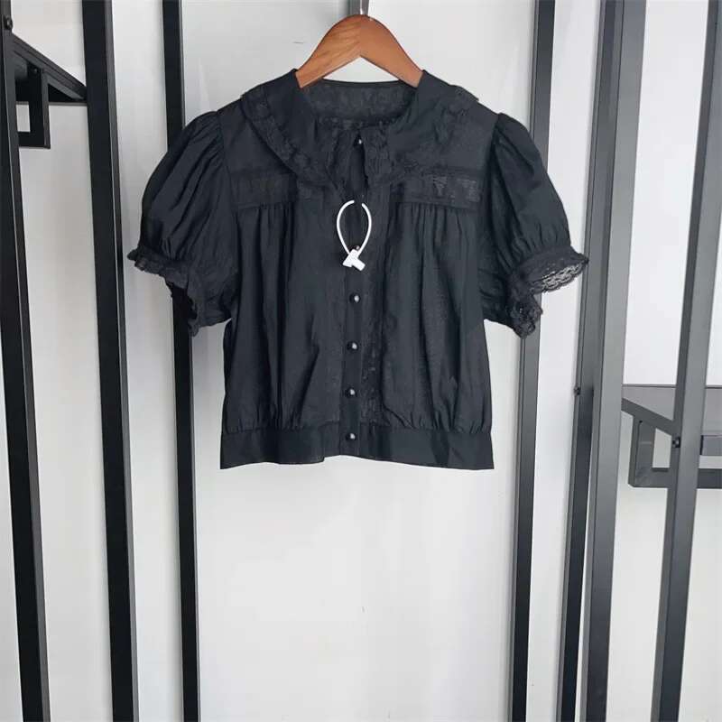 Women 2025 Spring And Summer Fresh Embroidered Lace Lapel Short Waist-Cinching Sweet Shirt
