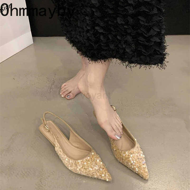 2025 New Summer Sequin Wen Sandals Fi Pointed Toe Slip Shoes Elegant Party Low Heel Shoes Z250304