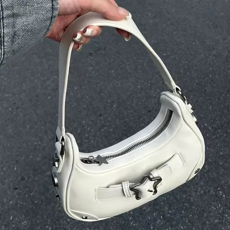 Vintage Korean Casual Cute White Star Shoulder Underarm Tote Bag Ladies Sling Bags Leather Zip Purses Handbags Women 250228