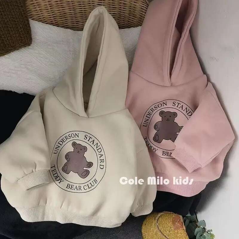 Cute Bear Sweatshirts Hoodies Korean Winter Kids Thick Plush Sweater Toddler Chdlren Clothes Outer Wear