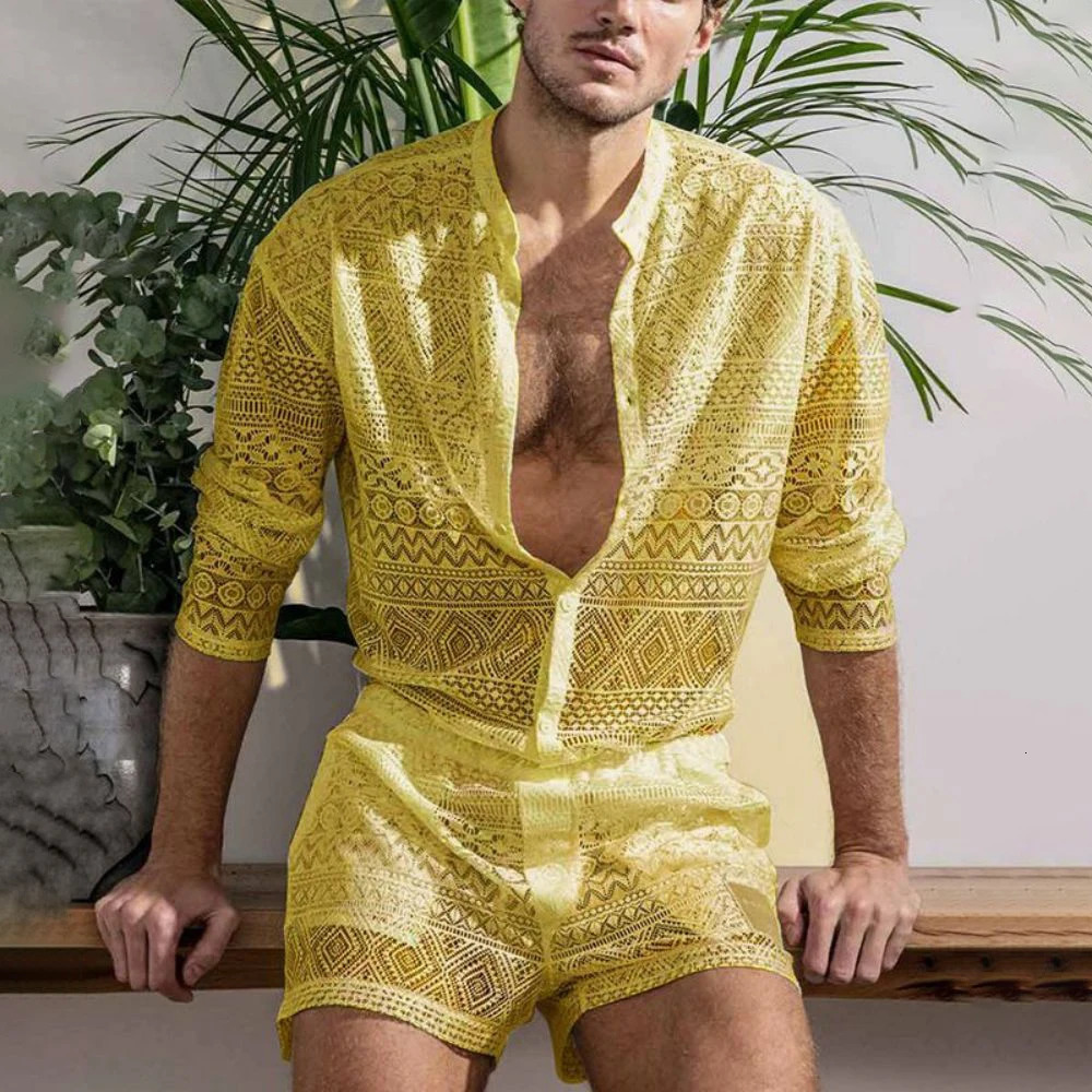 Mens Fashion Set Summer Hollow Out Sexy Lace Shorts Pattern Print Shirt Two Piece Suits Trendy Elegant Beach Clothes Outfits 250227