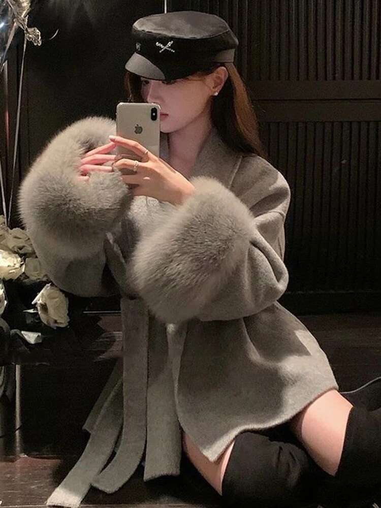 Elegant Office Lady Overcoats Fur Patchwork Long Sleeve Woolen Coat Beautiful Women's Clothing Jacket Autumn Spring