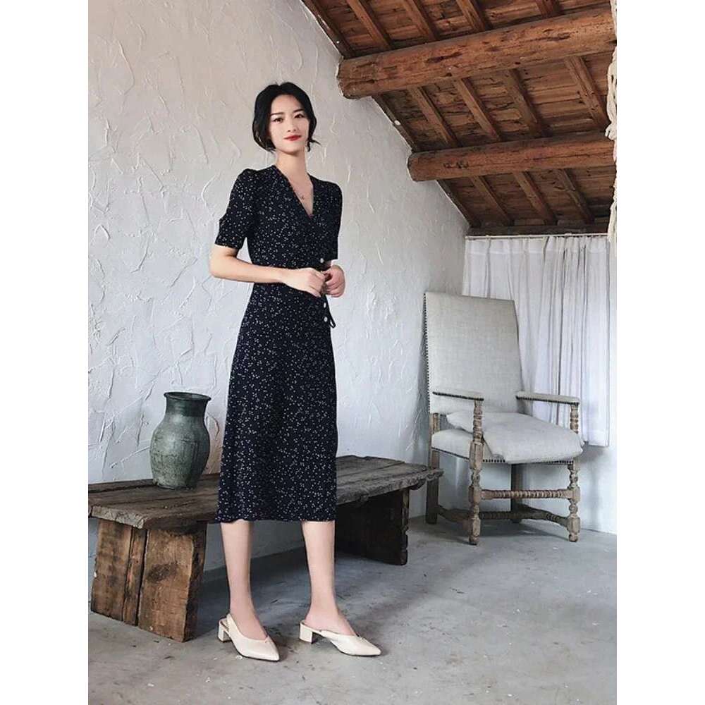 Women French Ral Summer New Slim Mid-Length Ladies V-Neck Dress