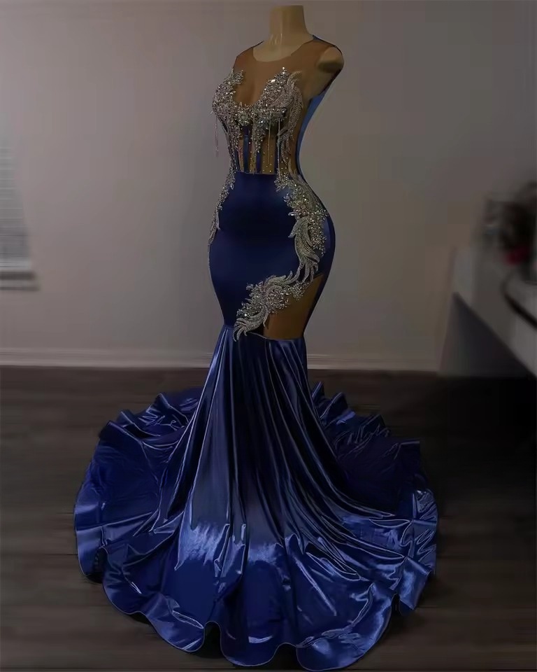 Royal Blue Veet Beaded Mermaid Prom Dresses 2025 Black Girl Sparkly Dia Tassels Customsized Evening Birthday Party Gown