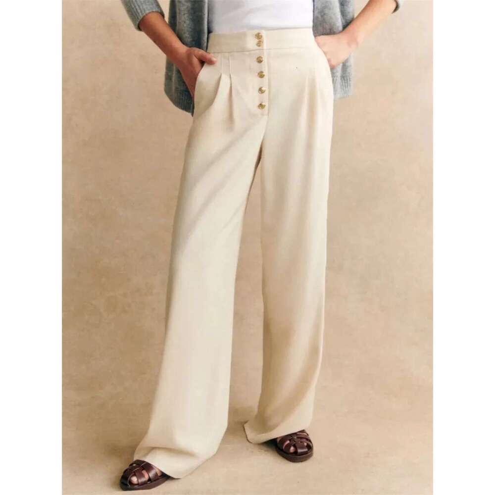 High Waist Long Pants Women Gold Single Breasted Casual 3 Colors Female Wide Leg Trousers 2025 Spring