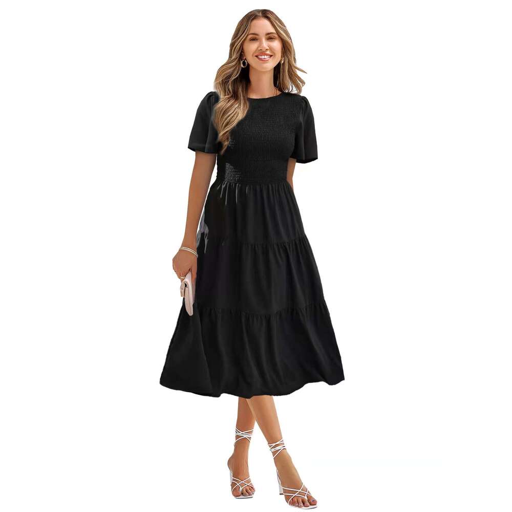 US station waist cinching slimming big swing dress for spring and summer round neck, sweeping holiday dress, 2025 temperament versatile new trendy clo