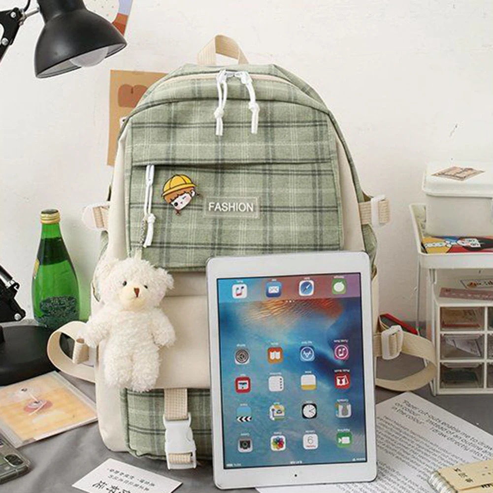 Ship from US 5 piecesset Fashion Backpack Large Capacity Canvas School Waterproof Student Travel Office Pendant Badge 250304FBB