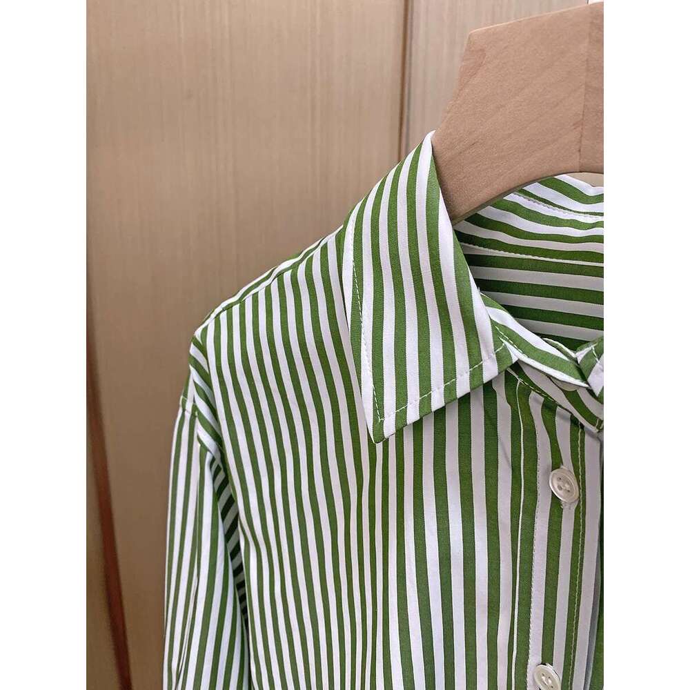 Women's Green Stripes Shirt Embroidery Butterfly Letter Turn-Down Collar Cotton Top 2025 Autumn Female Single Breasted Blouse
