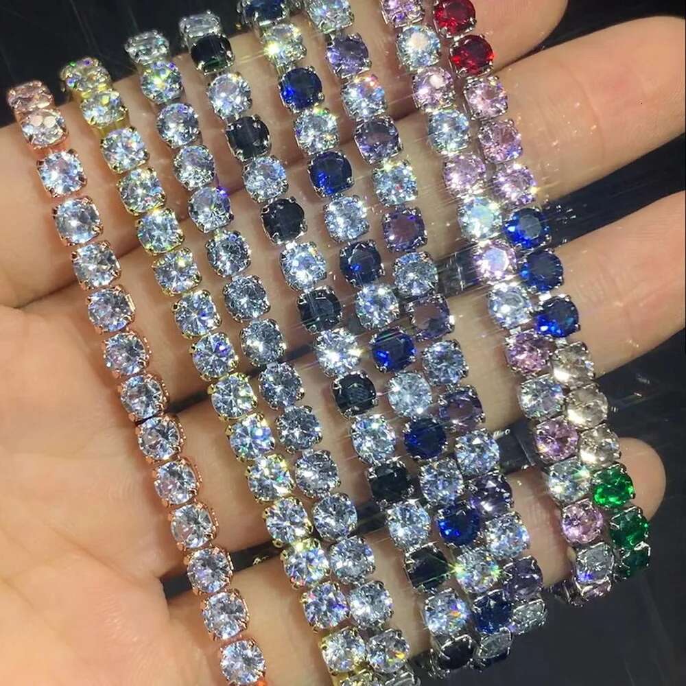 Colorful Zircon Tennis Bracelet Bangle for Women Sier Color 4mm Rainbow Crystal Hand Chain Jewelry Friend Gifts H027-M