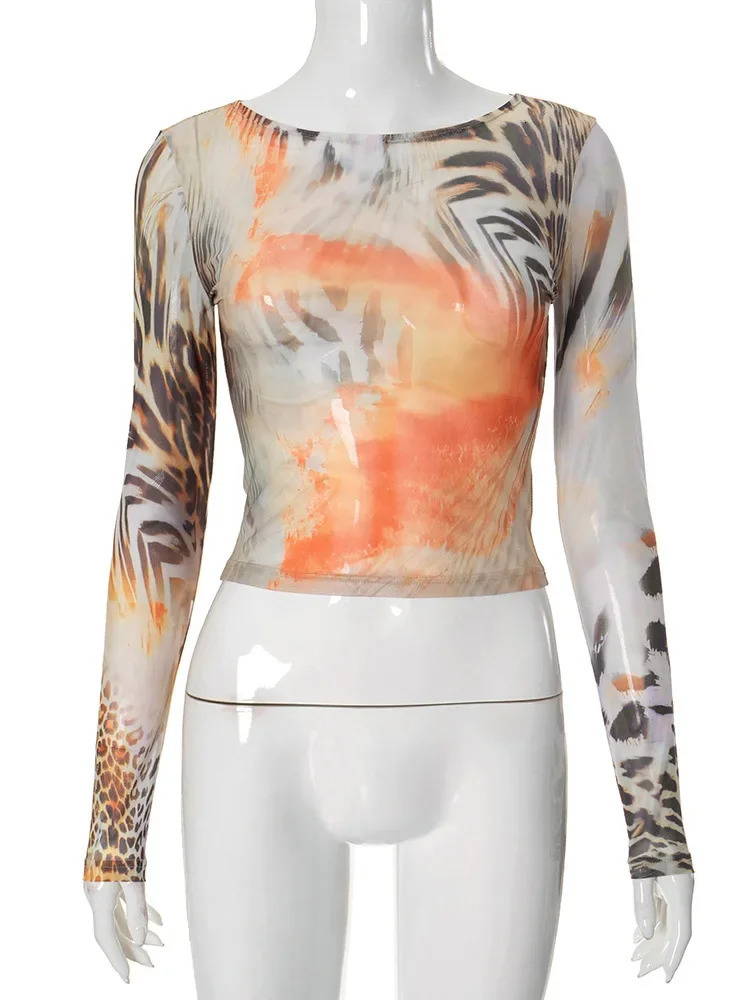 ANJAMANOR Fashion Vintage Print Mesh Shirt Long Sleeve Top Women Clothing Sexy Transparent Cropped Tees D85-AG10 250303