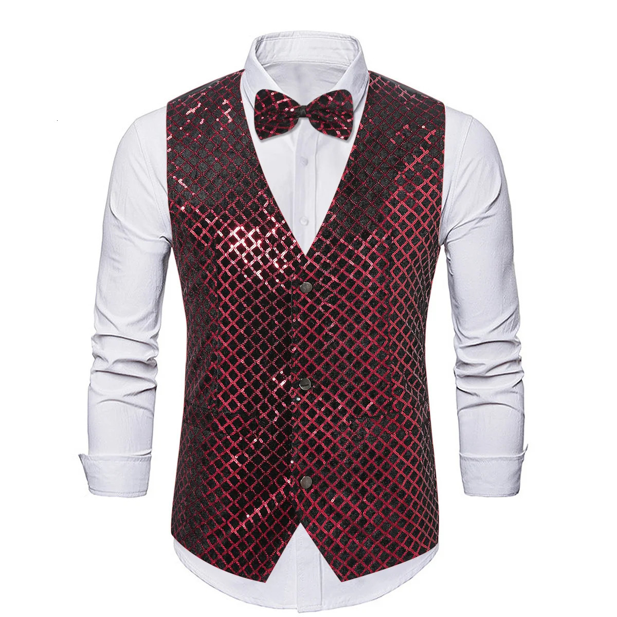 4809 Spring Mens Vest Vneck With Bow Plaid Sequins Suit Single Breasted Sleeveless Waistcoat Loose Male Dance 250304