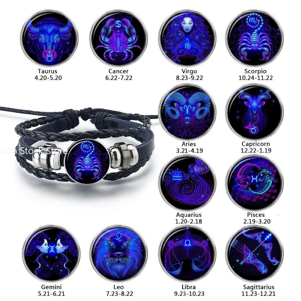 12 Constellation Zodiac Sign Black Braided Leather Cancer Leo Virgo Libra Woven Glass Dome Jewelry Punk Men Bracelet