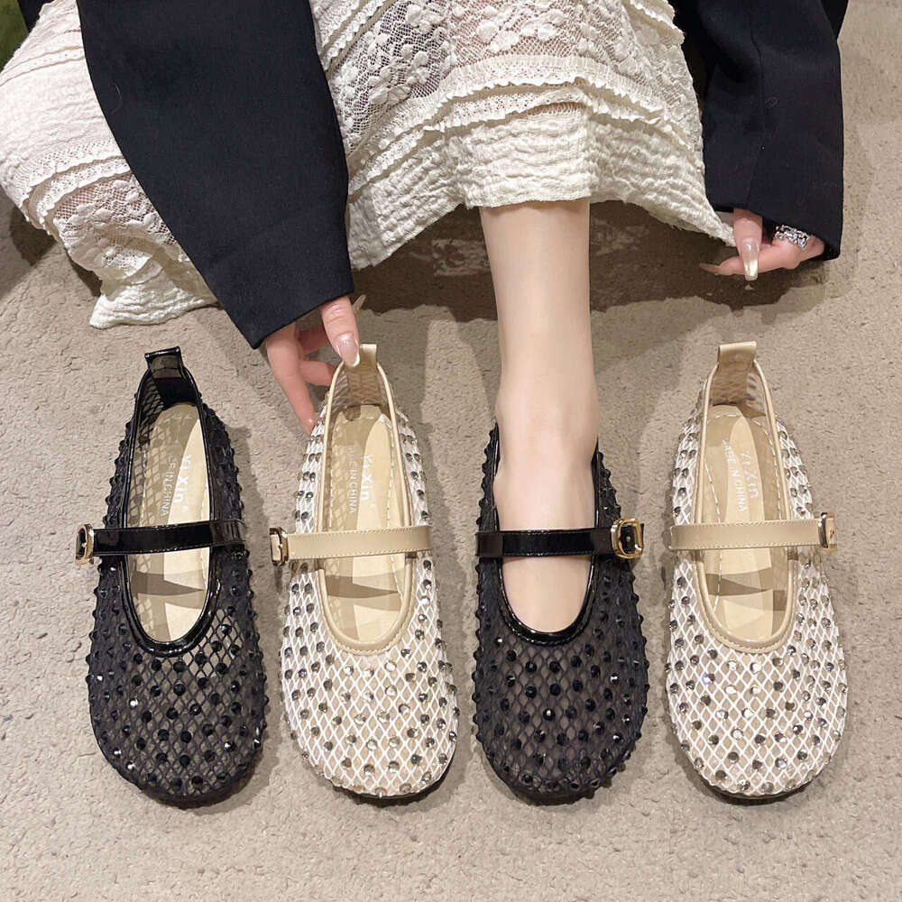 Mesh hollowed out Mary Jane women's for spring and summer 2025, new single buckle with breathable soft sole ballet shoes, flat shoes