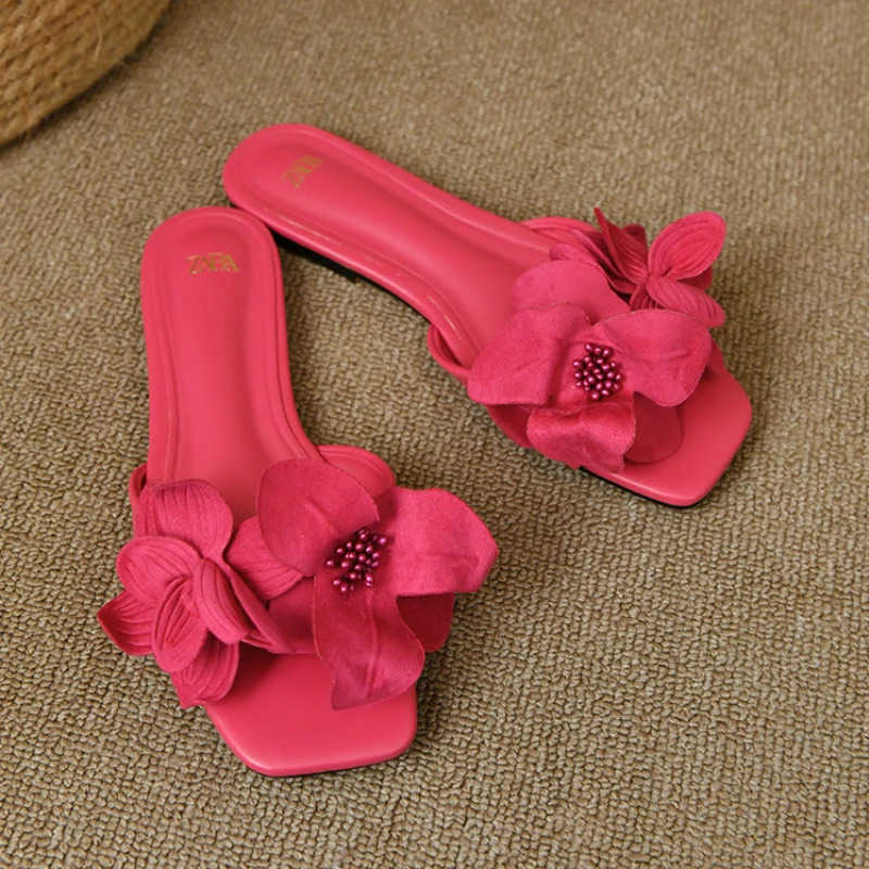 ZASummer Plus Size Wens Slippers 2024 Korean Style Fi Outer Slippers Elegant Flower Ladies Flat Slippers Chaussure Femme Z250304