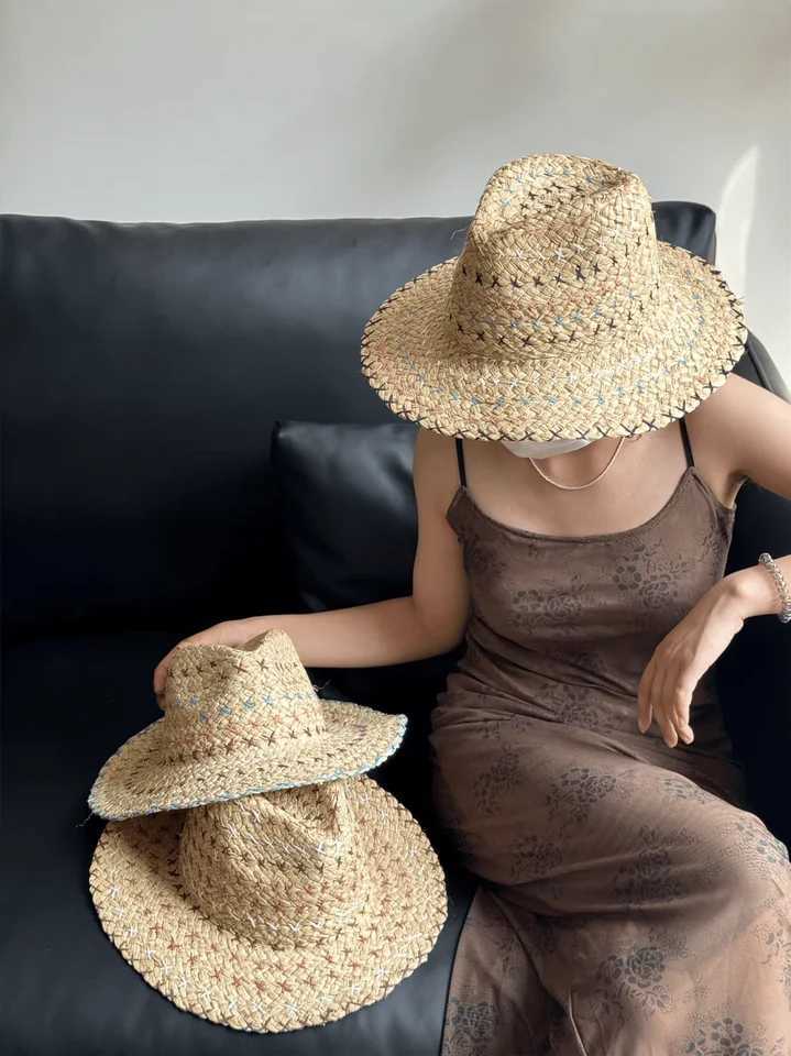 Raffia str Womens Bohemian Color Sewing str Hat Womens Sun Hat Beach Summer Vacation Panama HatXJ250304