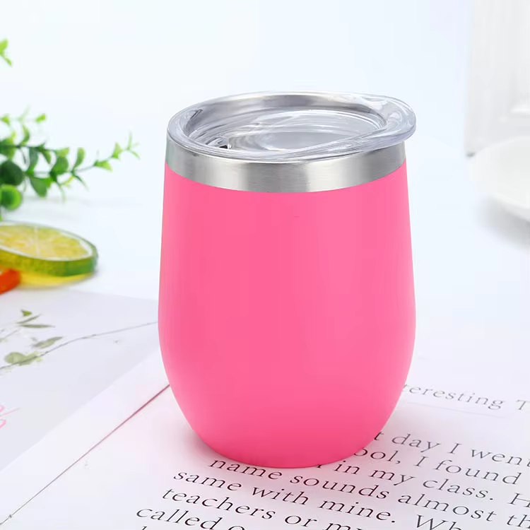 Customize logo 12oz Powder Coated wine glass Tumbler Stainless Steel Double Wall Insulated Vacuum egg Cups with lid red wine glasses 16 colors