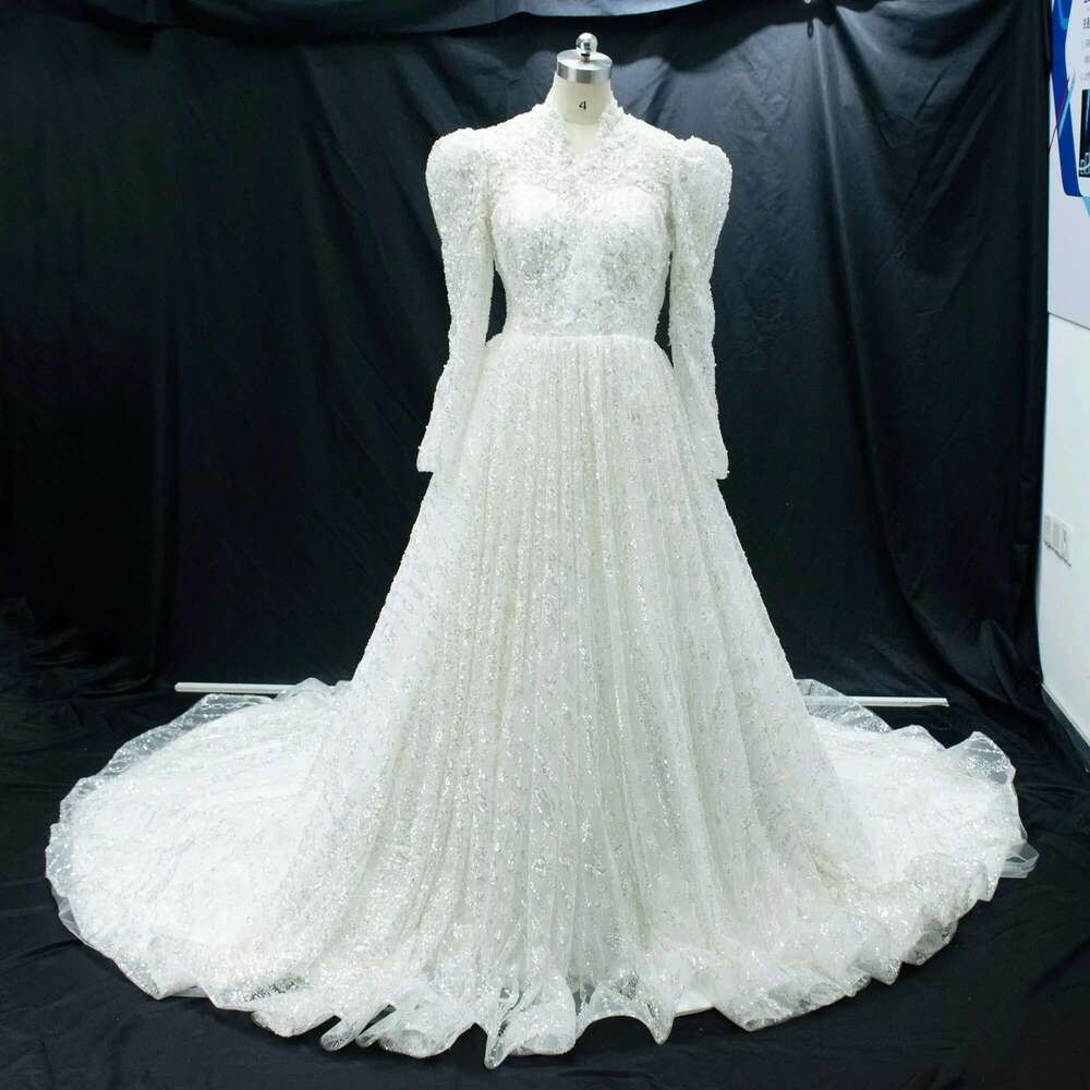Wedding Dresses Illusion Beads Lace Appliques Long Sleeves One-Piece Custom Made Train Sweep Bridal Robe