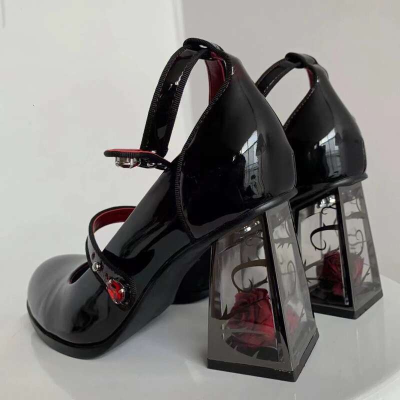Punk Gothic High Heels Pumps Woman Ankle Straps Black Mary Jane Women 2025 New Rose Heeled Patent Leather Lolita Shoes