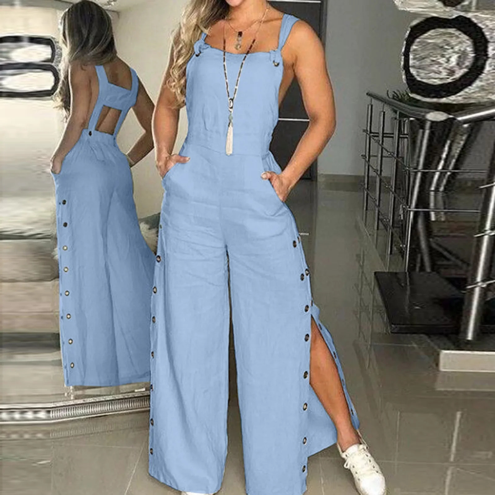 Summer Fashion Womens Sleeveless Jumpsuit Rompers Ladies Solid Wide Leg Button Openings Long Trousers Suspenders Overalls Pocket 250303