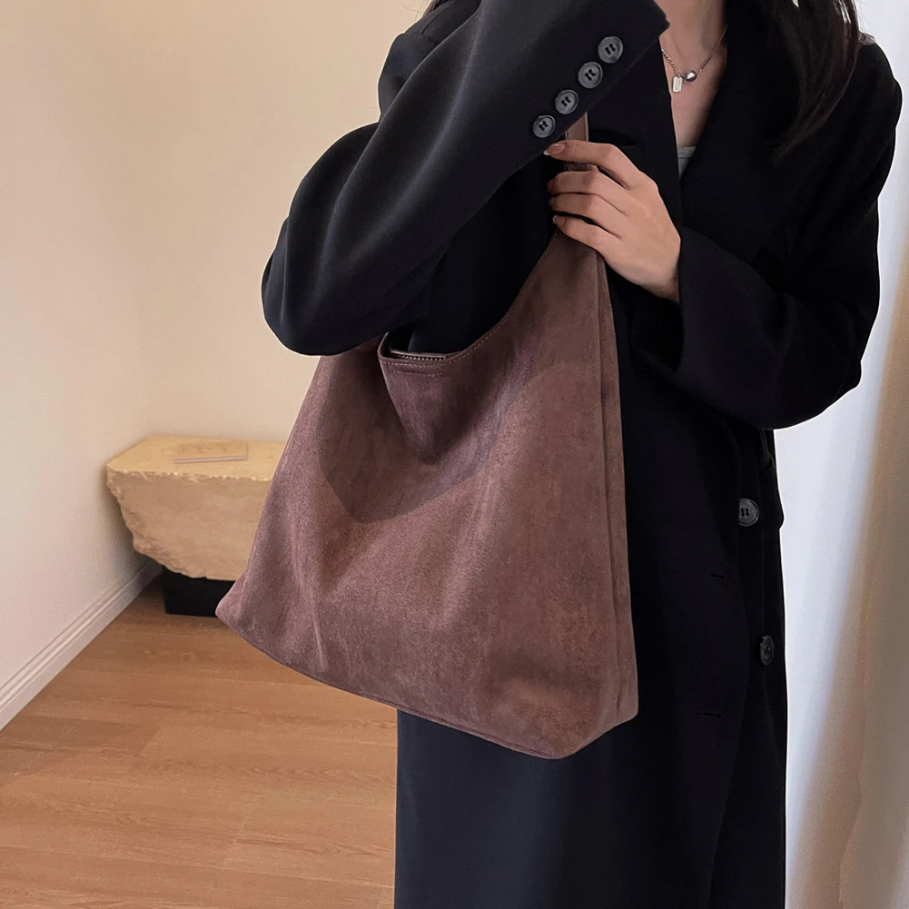 Ship from US Autumn Vintage Women Suede Shoulder Bag Solid Color Simple Tote Handbag Large Capacity Retro Hasp Closure Hobo for Travel 250304FBB
