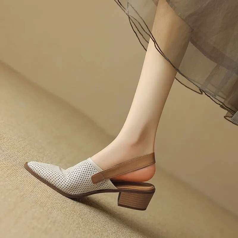 Breathable Knitted Mesh Hollow Out New Fashion Pointed Thick Heel Sandals Shoes for Women Sandalias2025