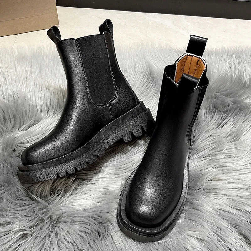 Boots Chunky Boots Wen Winter Shoes PU Leather Plush Ankle Boots Black Fem Autumn Fion Platform Booties Z250304