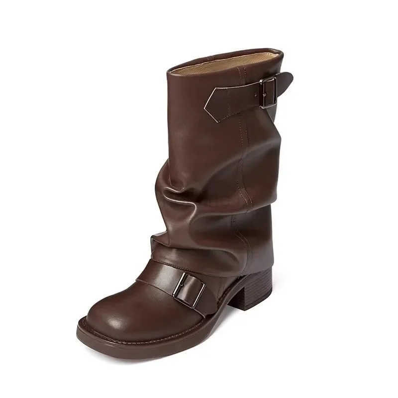 2023 Autumn/Winter New Fion Boots for Wen Round Thick Heel Belt Buckle Middle Tube Folded Stacked Boots Z250304