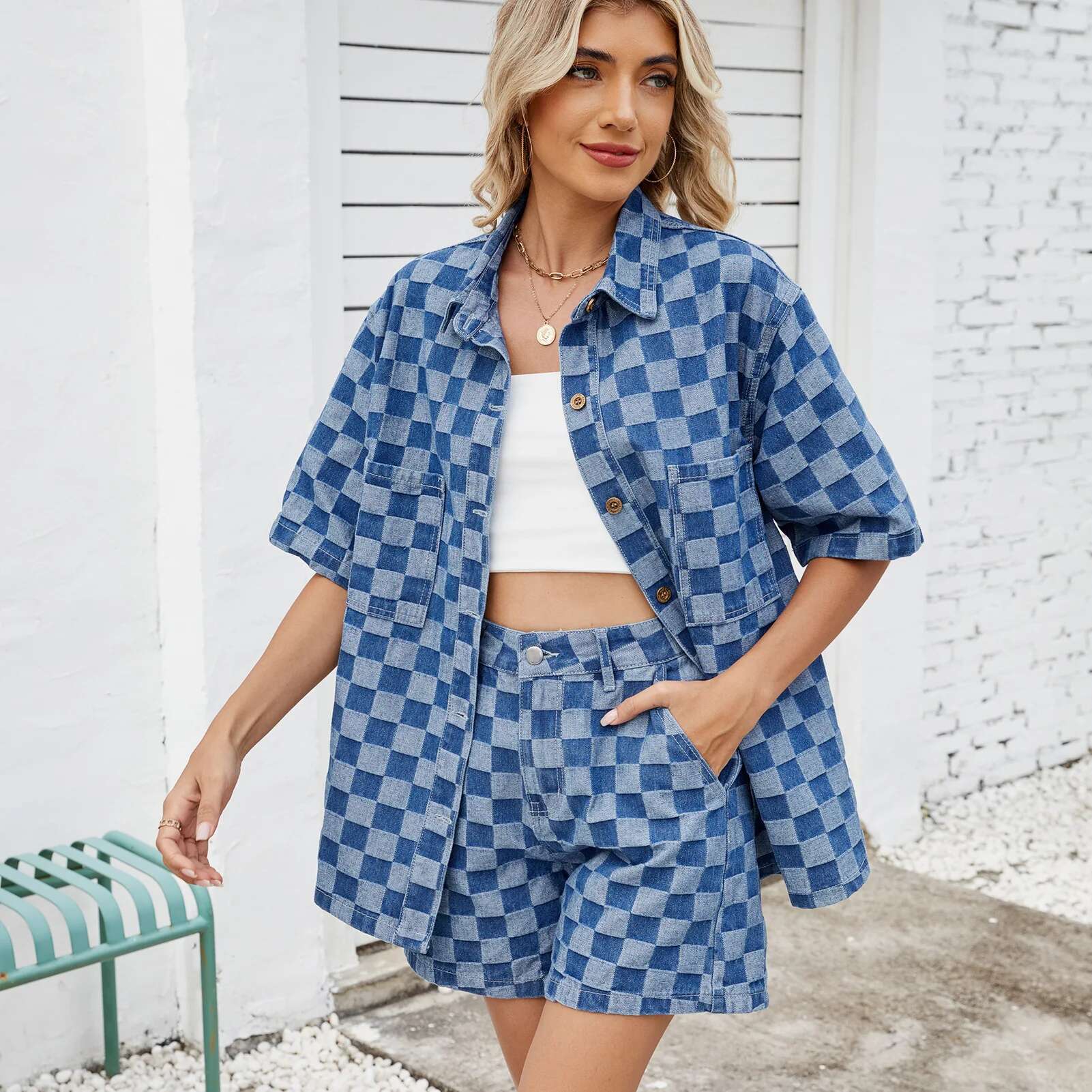 Summer Women's Two Pieces Set Casual Loose Single-Breasted Cardigans Shirt Plaid Denim Shorts 2 Piece Sets Women Outfit