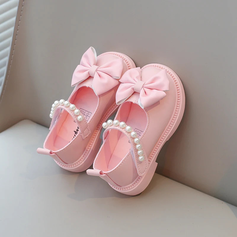 Girls casual shoes childrens PU leather shoelaces bead bows cute and fashionable princess wedding dresses party apartments soft 250303