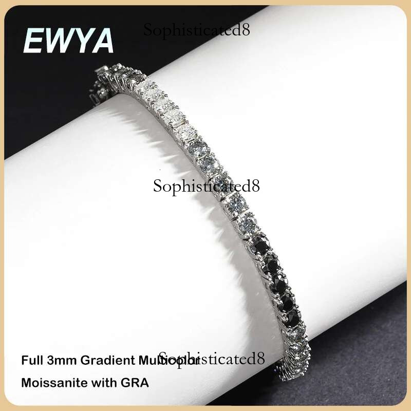 EWYA GRA Certified 3mm 0.1CT Gradient Color Black Grey White Moissanite Tennis Bracelet for Men Woman Sier k Bracelets